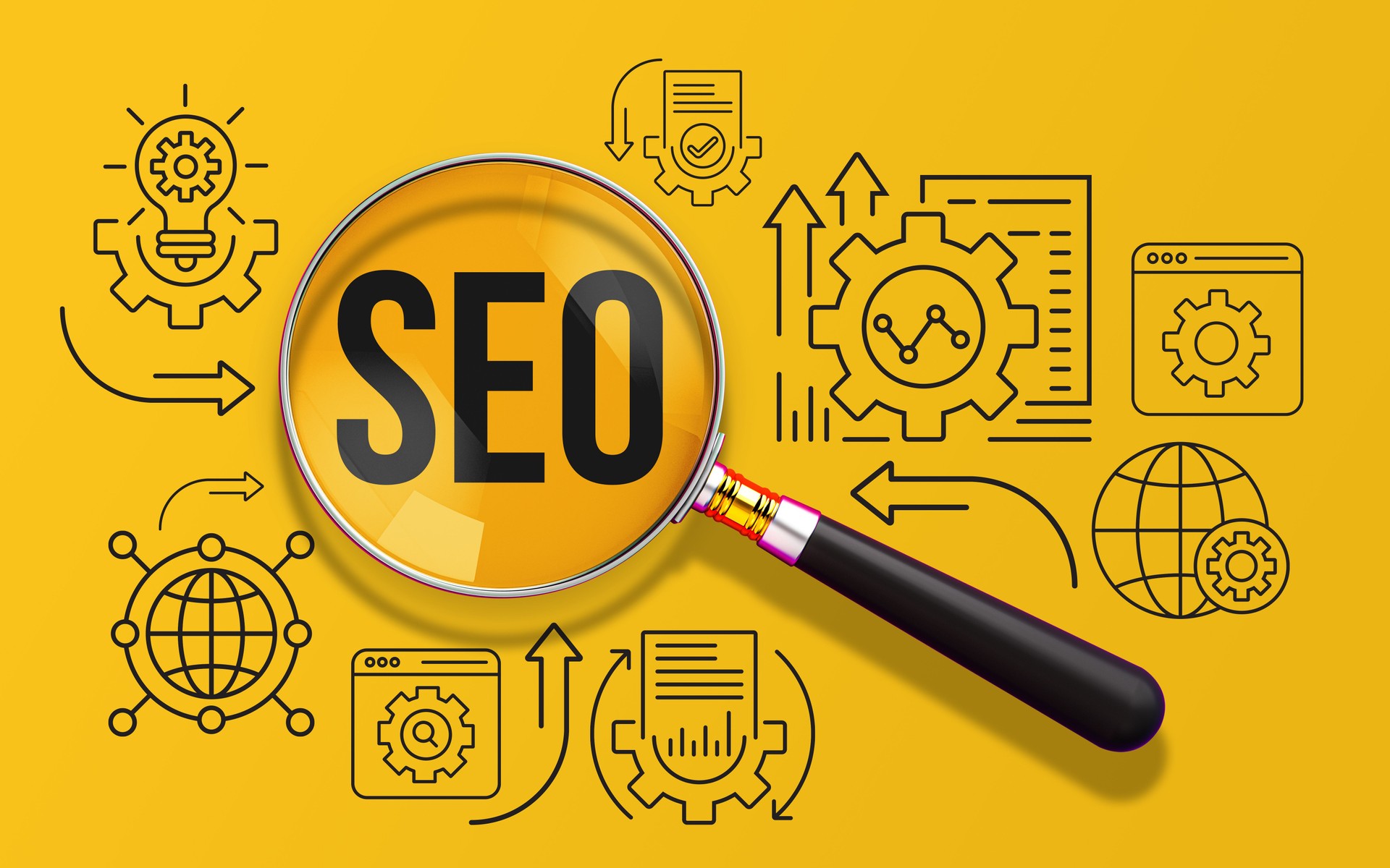 Concept SEO avec loupe et icônes sur fond jaune, illustration 2D