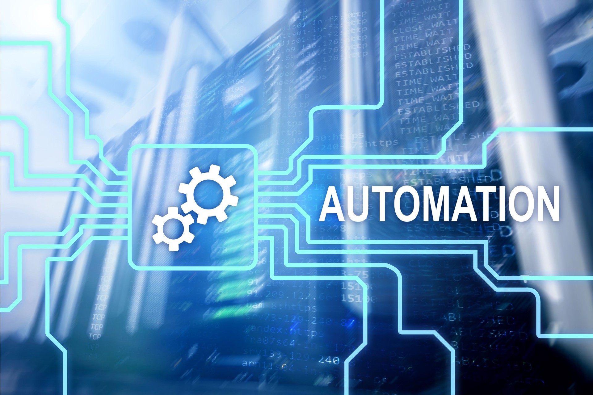 Automatisation de la technologie de processus et de l’innovation commerciale dans le secteur manufacturier. Concept Internet et technologie sur fond de salle serveur.